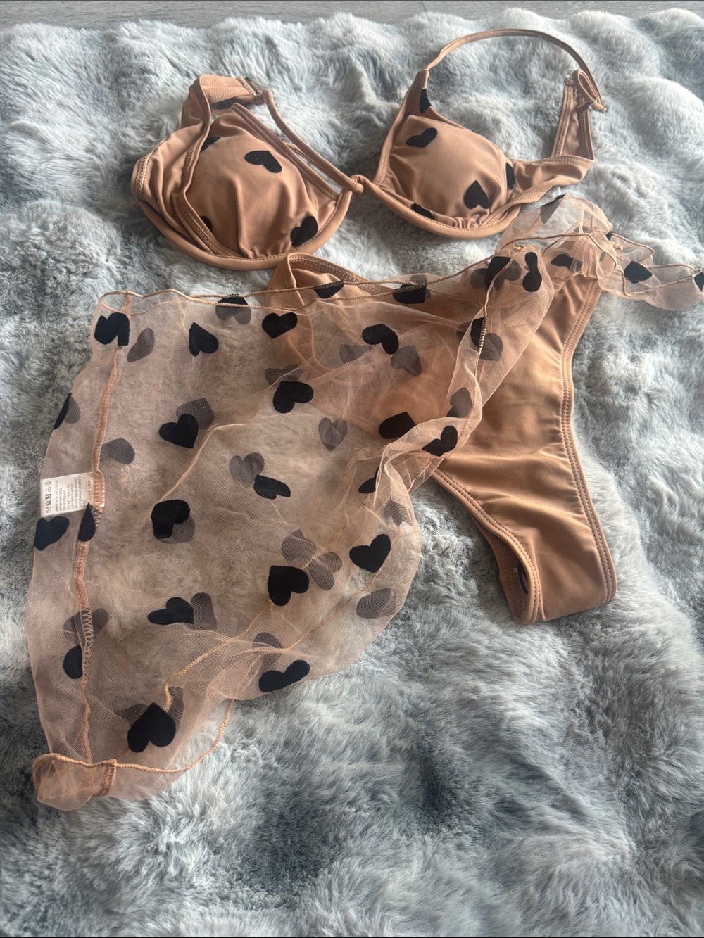 SHEIN Nude Bikini Set with Black Heart Accents 3 piece